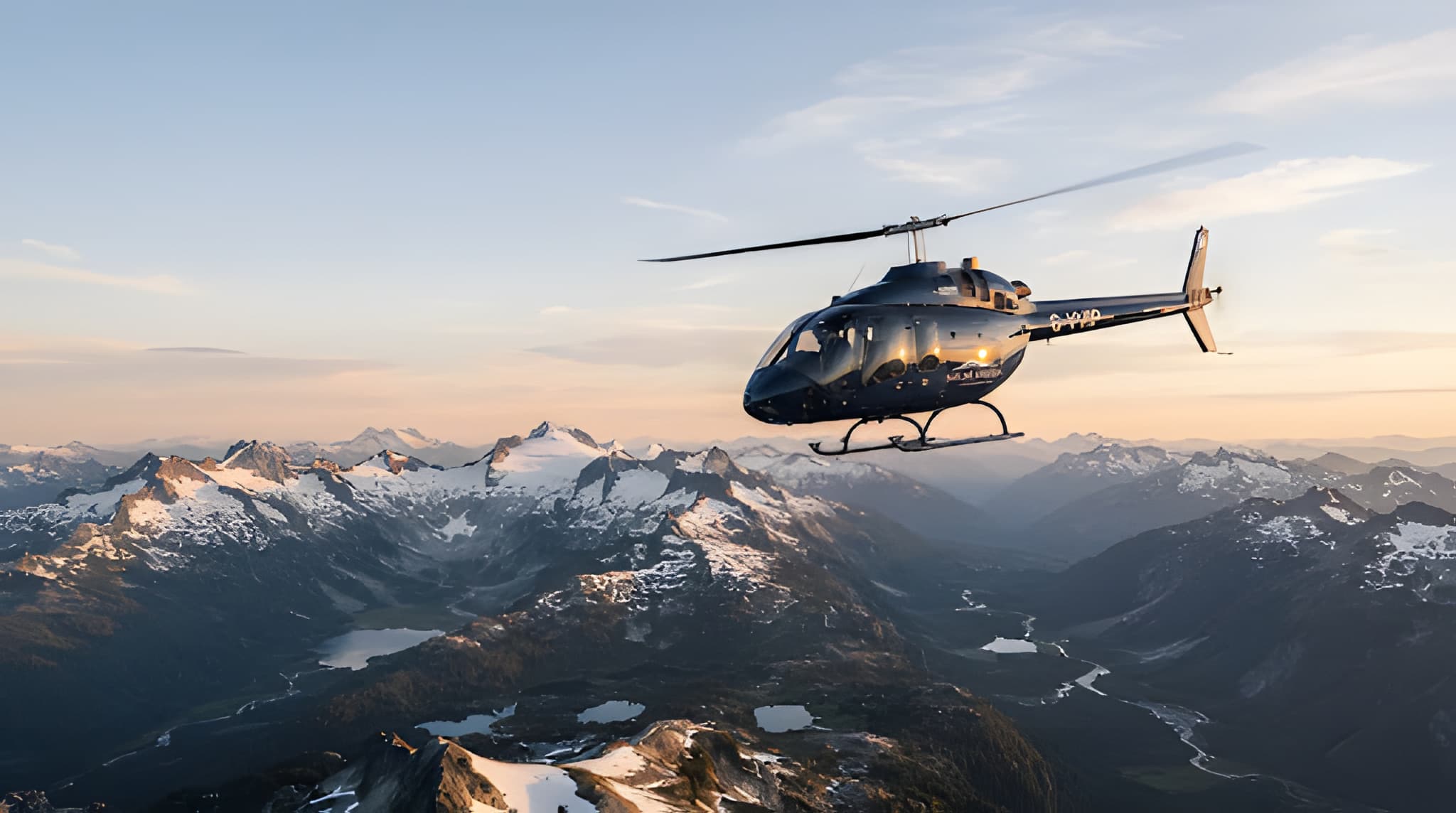 Helicopter flying above a mountain landscape